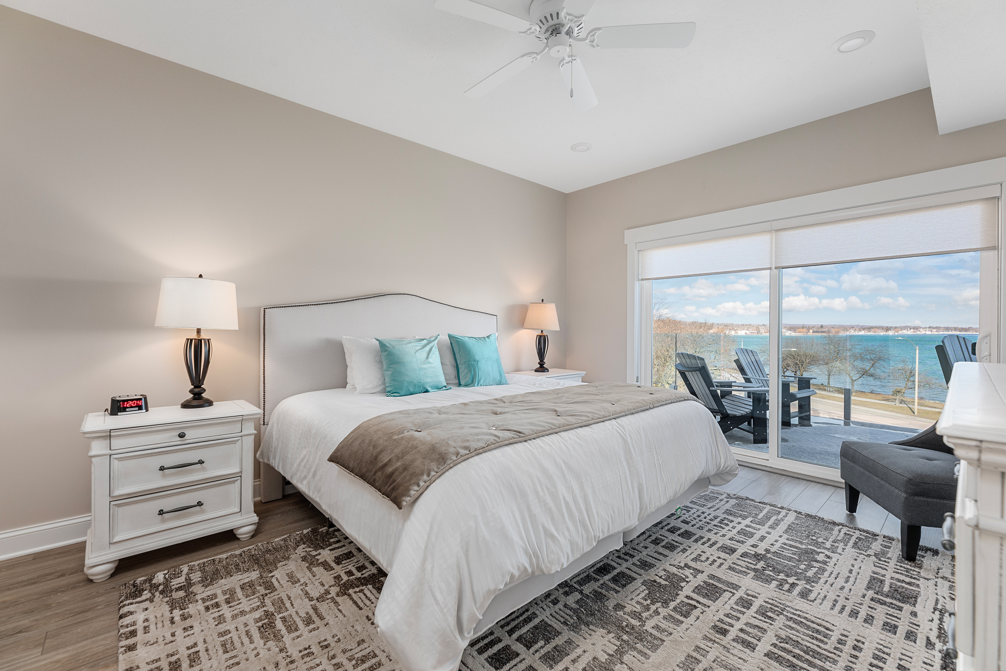 Cozy and stylish guest bedroom at 539 Bay Street condo in Traverse City with modern furnishings