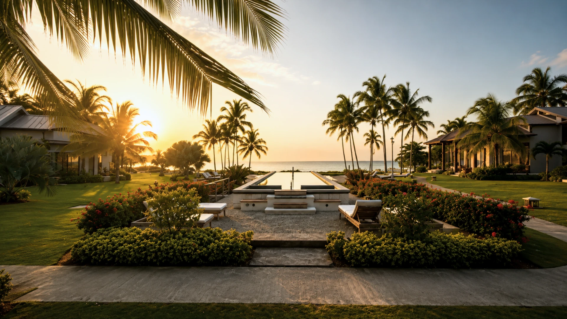 A palm-lined garden path toward the sea at Bessa