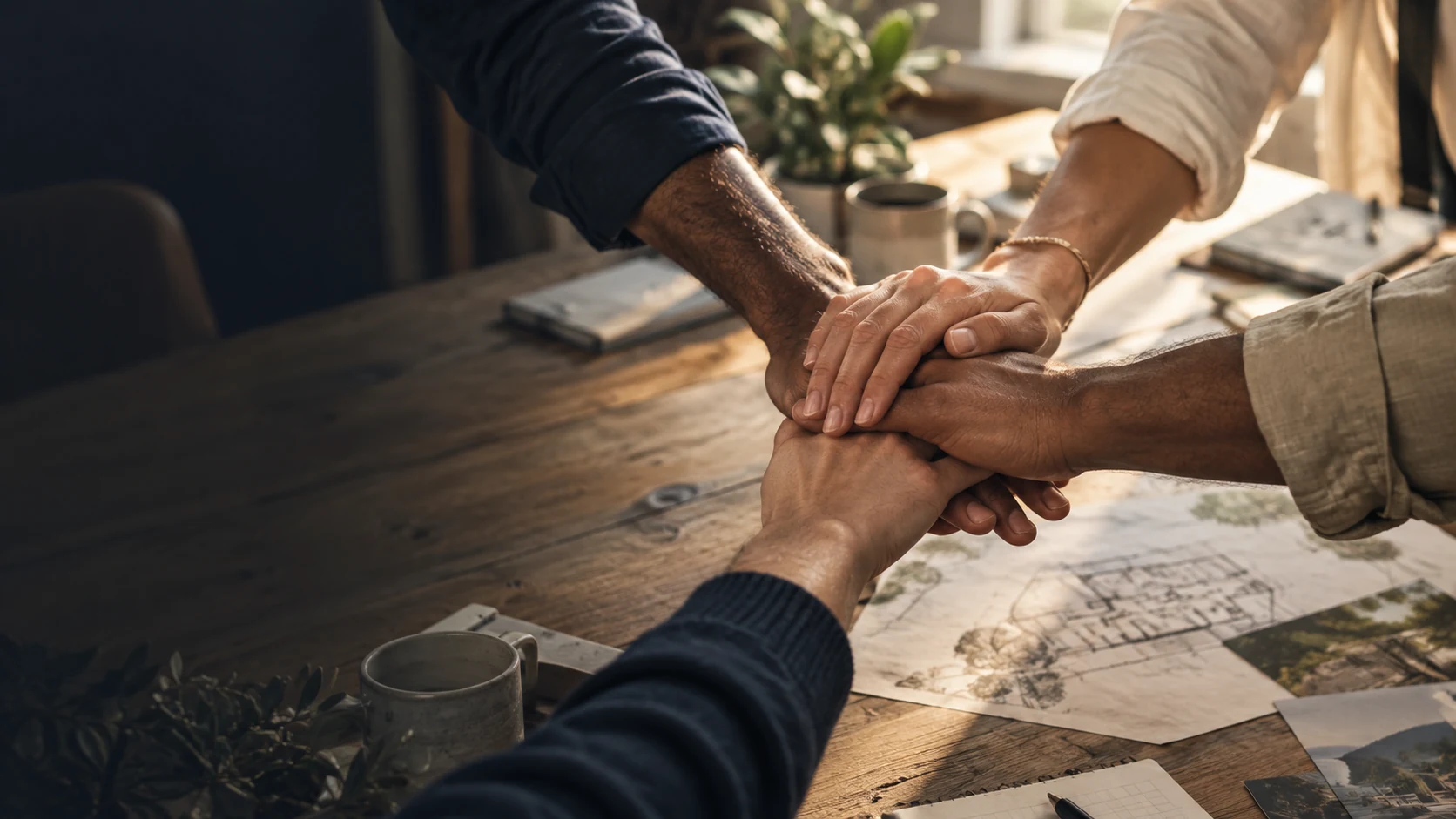Hands joined over a shared planning table